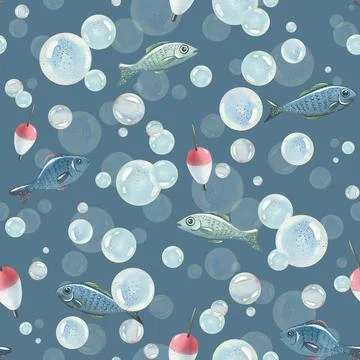 Blue water bubbles of different sizes with fish in a chaotic order, float Stock Illustration