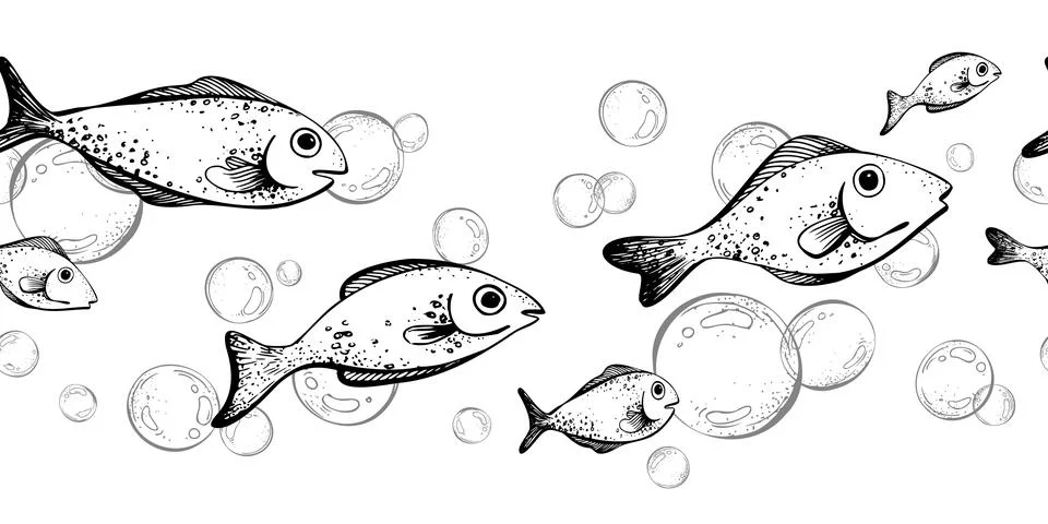 Blue water bubbles of different sizes with fish in a chaotic order. Graphic Stock Illustration