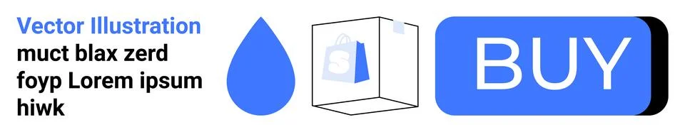 Blue water drop, geometric cube outline, large BUY button, and Lorem ipsum pl Illustrazione stock