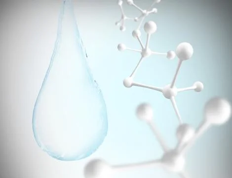 Blue water drop with molecules inside. 3d rendering. Stock Illustration