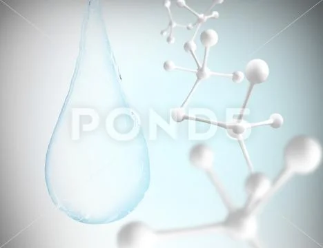 Blue water drop with molecules inside. 3d rendering. Stock Photos