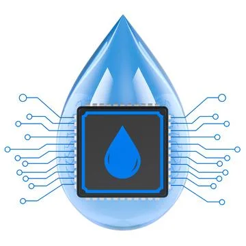 Blue water droplet with embedded microchip and circuit lines for smart wate.. Stock Illustration