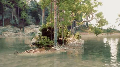 Blue water in a forest lake with pine trees Stock Illustration