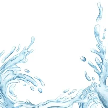 Blue water frame from splashes with drops. Watercolor hand drawn illustration Illustrazione stock