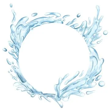 Blue water round frame from splashes with drops. Watercolor hand drawn Stock Illustration