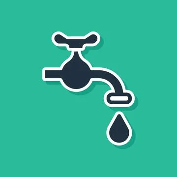 Blue Water tap with a falling water drop icon isolated on green background.   Stock Illustration