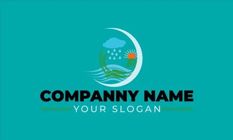 Blue water wave vector logo design with sun cloud sky in a round circle Illustrazione stock