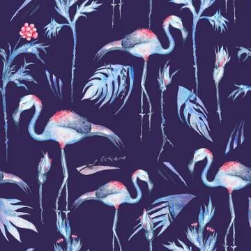 Blue Watercolor Tropical Pattern Stock Illustration