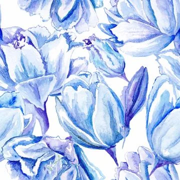Blue Watercolor Tulip Pattern Stock Illustration