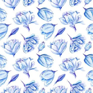 Blue Watercolor Tulip Pattern Stock Illustration