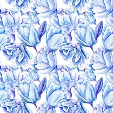 Blue Watercolor Tulip Pattern Stock Illustration