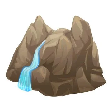 Blue waterfall cascading down cartoon rocks isolated on white background Stock Illustration