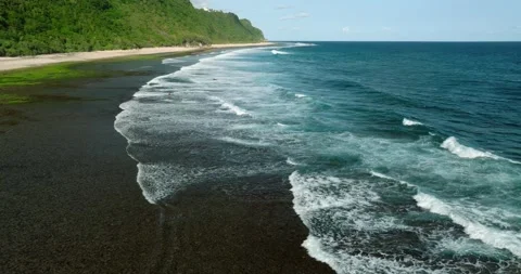 Blue wave crashes on the sandy beach with jungle in Bali Vidéo 271075509