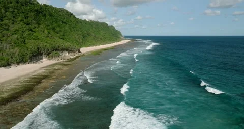 Blue wave crashes on the sandy beach with jungle in Bali Stock Footage 271233874