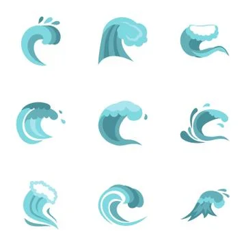Blue wave icons set, flat style Stock Illustration