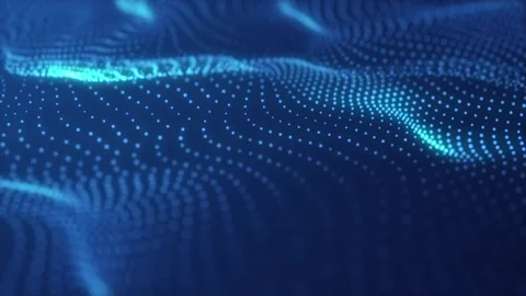 Blue wave of particles. Futuristic neon glowing surface. Stockbeeldmateriaal 112204257