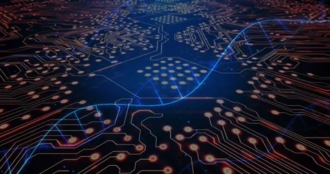 Blue waveform emerging left edge sweeping circuit pulsing nodes visualizing data Stock Footage 317123498