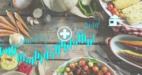 Blue waveform emerging left, traveling across wood tabletop, white icons Stock Footage 317792347