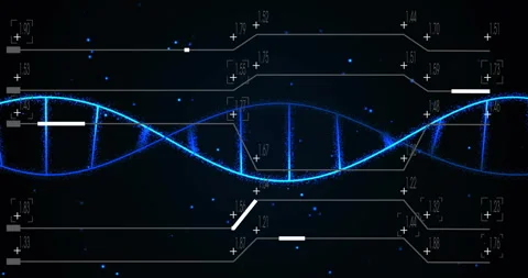 Blue waveform oscillating from left forming helix while HUD lines updating Stock Footage 314741037