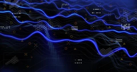 Blue waveforms and data points, image of digital data processing 库存插图