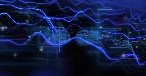 Blue waveforms flowing in digital interface, with dotted data points, grid and Illustrazione stock