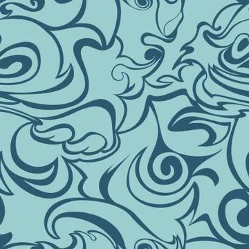 Blue waves, curls on a dark blue background. Stylized flame seamless pattern Illustrazione stock