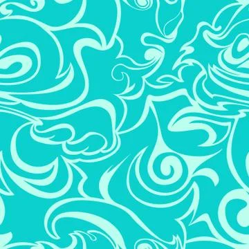Blue waves, curls on a turquoise background. Stylized flame seamless pattern Stock Illustration
