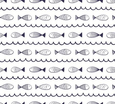 Blue waves, fish simple nautical seamless pattern Illustrazione stock