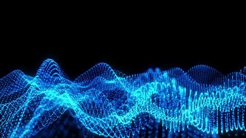 Blue waves from particles and stripes beautiful bright glowing shiny with m.. Illustrazione stock