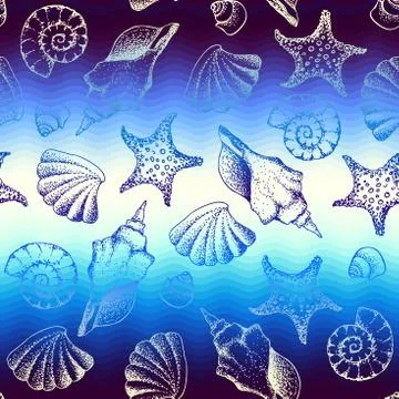 Blue waves pattern and hand draw in marine style. Illustrazione stock