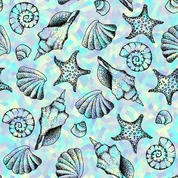 Blue waves pattern and hand draw in marine style. Illustrazione stock