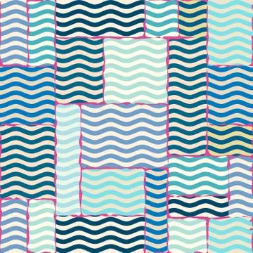 Blue waves pattern in patchwork style. Illustrazione stock