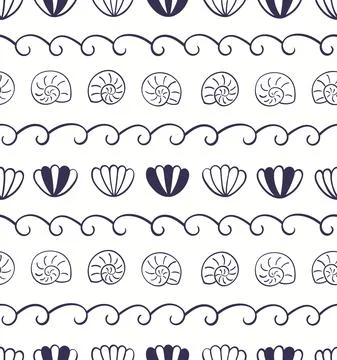 Blue waves, seashells nautical seamless pattern イラスト素材