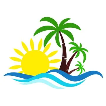 Blue waves, yellow sun and green palm trees. Paradise island design Ilustración de archivo