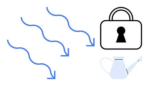 Blue wavy arrows flowing downward near a watering can and a padlock with keyh Stock Illustration