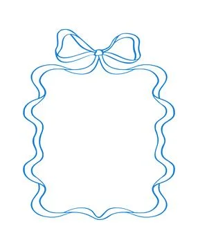 Blue wavy ribbon frame vector with bow on top, vertical doodle border for baby Stock Illustration