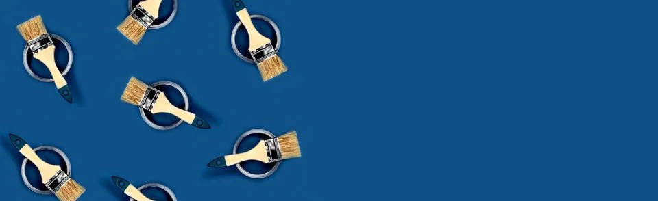 Blue web banner with paint jars. Stock Photos