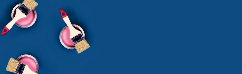 Blue web banner with three paint jars. Stock Photos