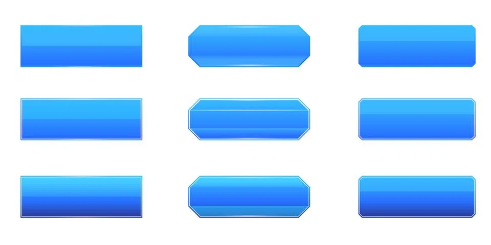 Blue web buttons set vector illustration. Glossy UI rectangular, rounded, and Stock Illustration