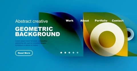 Blue website header design. Geometric shapes, text, navigation elements present. Stock Illustration