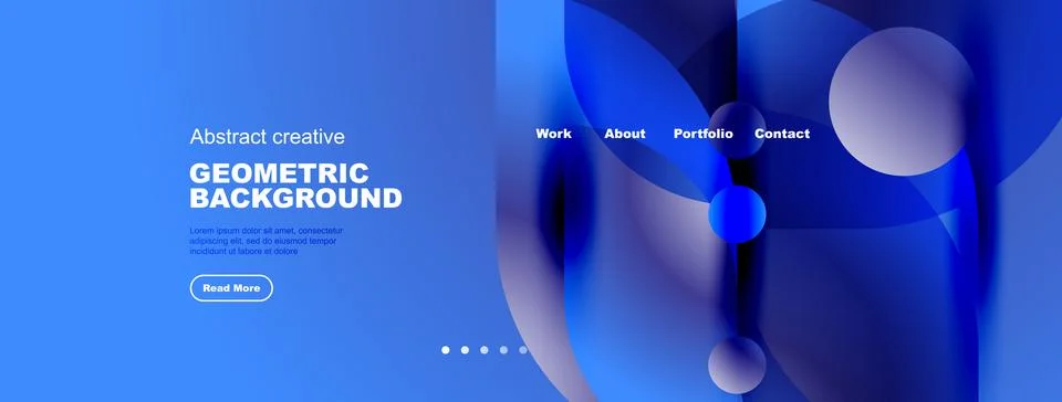 Blue website header design. Geometric shapes, text elements, navigation menu イラスト素材