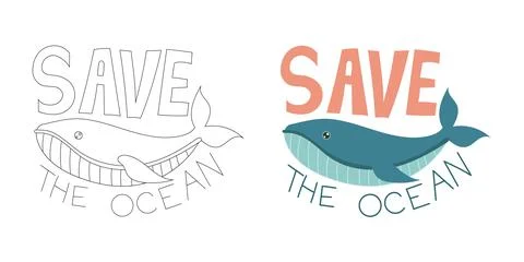 Blue whale with bold Save the Ocean lettering, marine life conservation message Stock Illustration