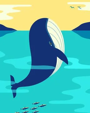 Blue Whale in ocean minimalist flat color vector Stock Illustration
