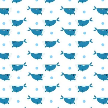 Blue whale pattern scattered with circles water bubble fabric background Stock Illustration