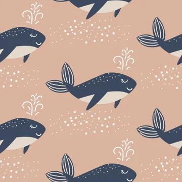 Blue whale seamless vector pattern. Cute style blue fun fish background. Stock Illustration
