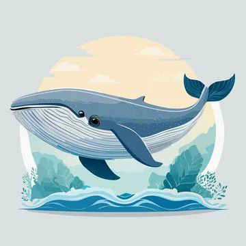 Blue Whale Vector Illustration with Ocean Waves and Sunset Backdrop Stock Illustration