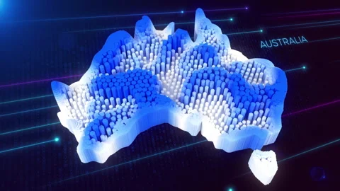 Blue White 3D Hexagonal Prism Rippling Australia Map and Text with Hud Grid Stock Footage 279874055
