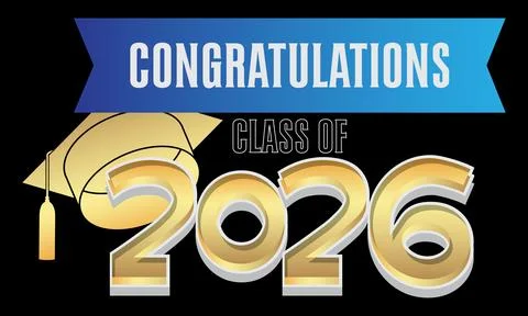 Blue, white and gold class of 2026 Graduation design template on black back.. イラスト素材