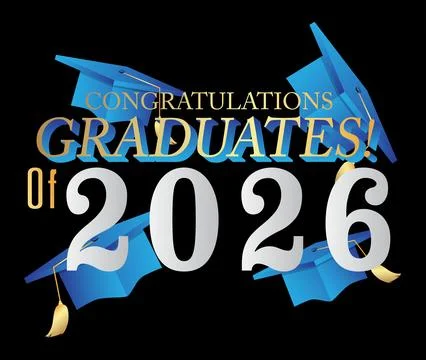 Blue, white and gold class of 2026 Graduation design template on black back.. Stock-Illustration