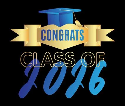 Blue, white and gold class of 2026 Graduation design template on black back.. Stock-Illustration